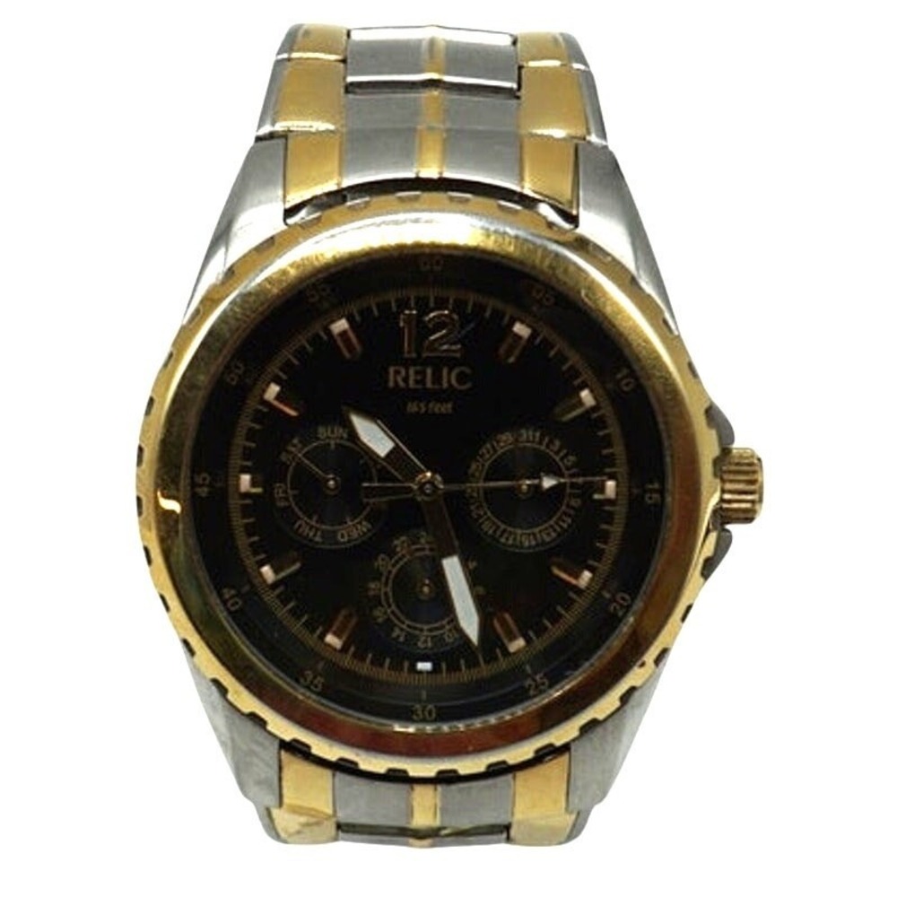 Relic Mens Two Tone Silver Gold Watch Black Dial Multi Function‎ Day Date 43mm